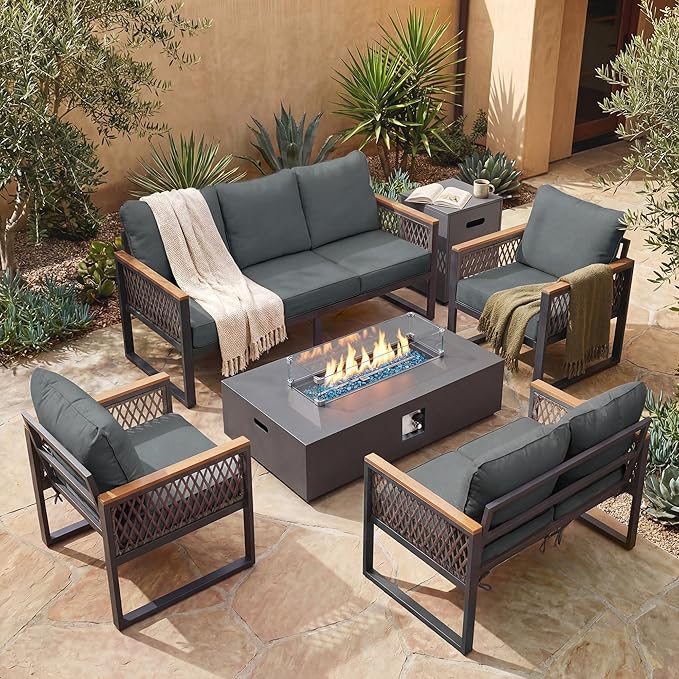 UPHA 7 Pieces Patio Furniture Set with 56" Propane Gas Fire Pit Table, Metal Outdoor Sectional Couch Set with Loveseat & 3-Seat Sofa, Modern Patio Conversation Set for Porch Balcony Deck, Gray