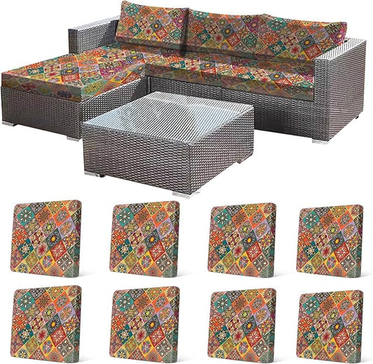 CALBODE 8Pcs Stretch Patio Cushion Cover, Bohemian Colored Geometric Pattern Couch Covers for Patio Furniture Cushions Washable Reusable Couch Covers Replacement for Fall Winter(Cover Only)