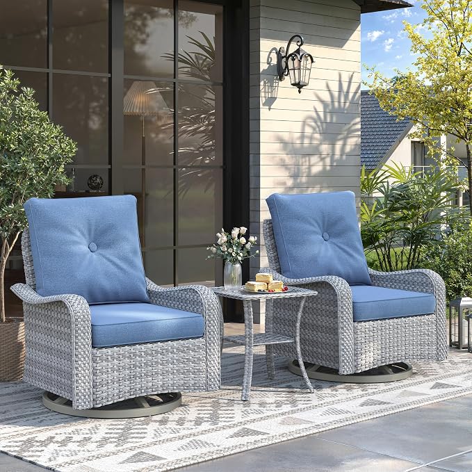 3 Piece Patio Furniture Set with Swivel Rocking Chairs, Outdoor Wicker Conversation Set with 4" Cushions, Glass Side Table, PE Rattan and Rust-Resistant Frame, Navy