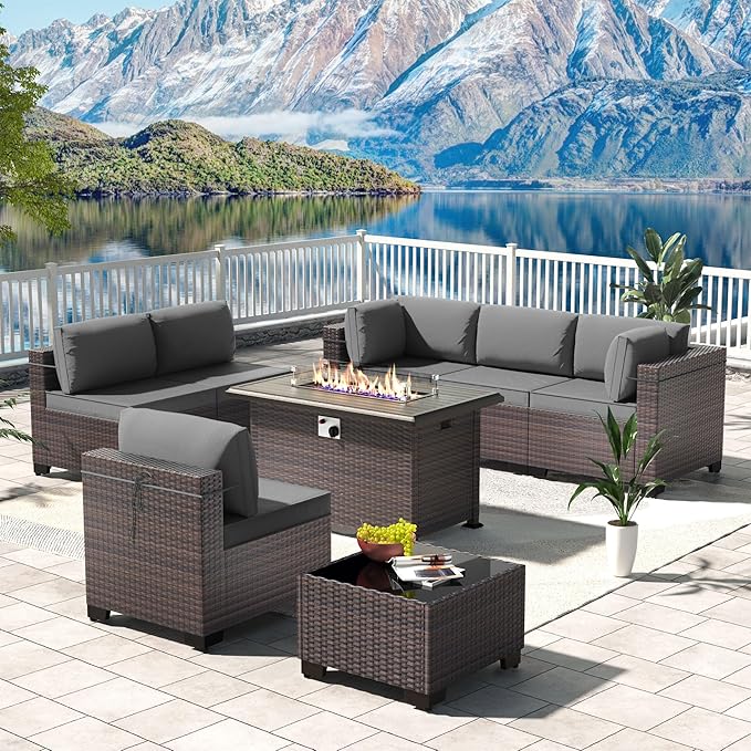 Kullavik 8 Pieces Outdoor Patio Furniture Set with 43" 55000BTU Gas Propane Fire Pit Table PE Wicker Rattan Sectional Sofa Patio Conversation Sets,Grey