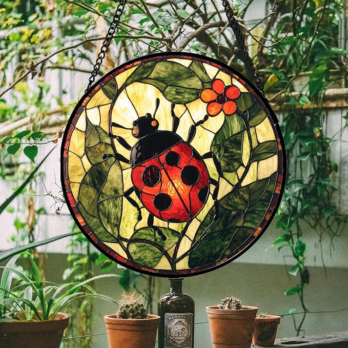 Stained Glass Window Hanging - Red Ladybug Green Plant Flower Sun Catcher for Door Home Decor Insect Suncatcher Christmas Mother's Day Birthday Gifts for Women Men Mom Nana 9.8 in