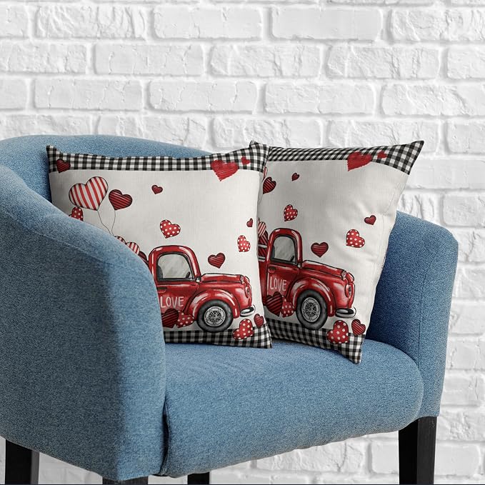 Valentines Throw Pillow Covers 20x20 Valentines Day Red Truck Pillow Covers Pack of 2 Heart Balloon Black Buffalo Plaid Decoarative Pillow Case for Home Outdoor Deocr Couch