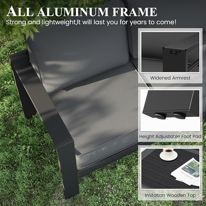 Aluminum Patio Furniture Set, Grey Metal Outdoor Furniture Set,6 Piece Patio Set with Waterproof Covers for Backyard Garden