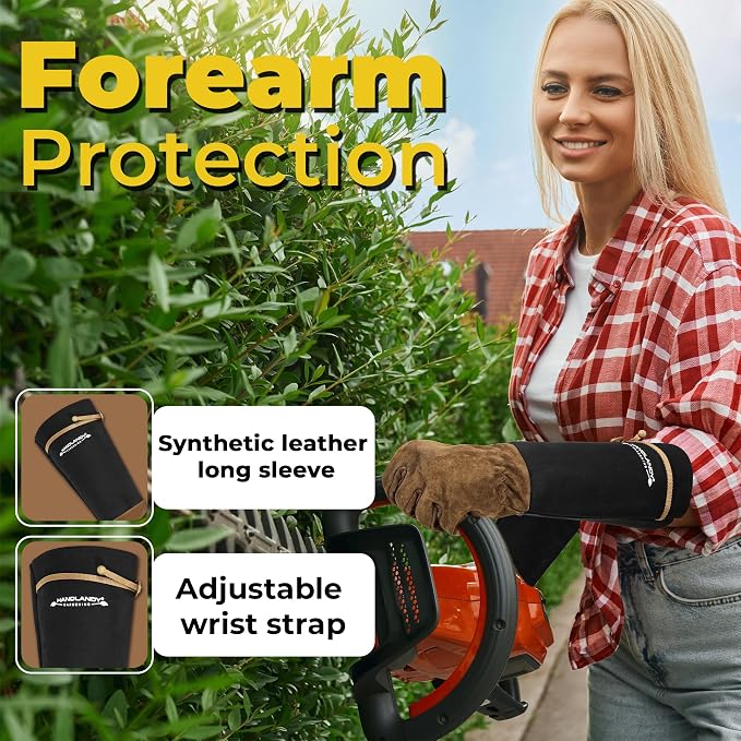 HANDLANDY Long Gardening Gloves for Men & Women, Pigskin Leather Rose Pruning Gloves, Breathable Thorn Proof Gauntlet Glove (Coffee Brown, L)