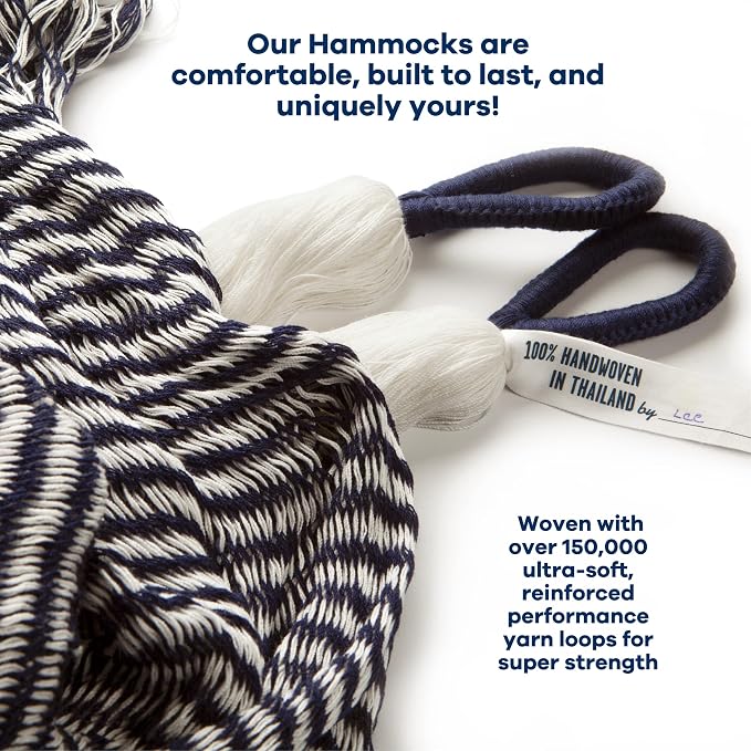 Handwoven Hammock by Yellow Leaf Hammocks - Family Size, Fits 2+ PPL, 550lb max - Weathersafe, Super Strong, Easy to Hang, Ultra Soft, Artisan Made - Color: Stripe Navy Blue - White