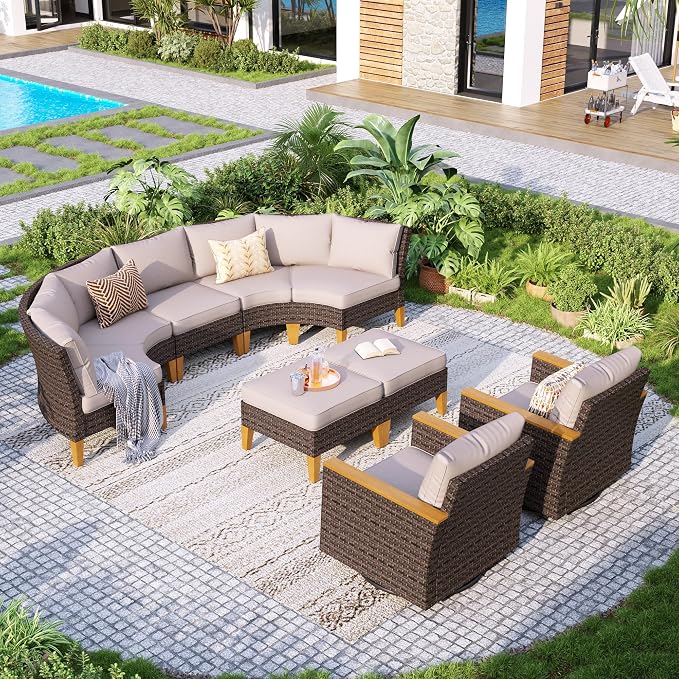 GREEN PARTY 9 Pieces Wicker Patio Furniture Set, All-Weather Outdoor Rattan Half-Moon Curved Patio Sectional Sofa Conversation Set 9 Seats for Garden, Backyard, 2 x Swivel Chairs