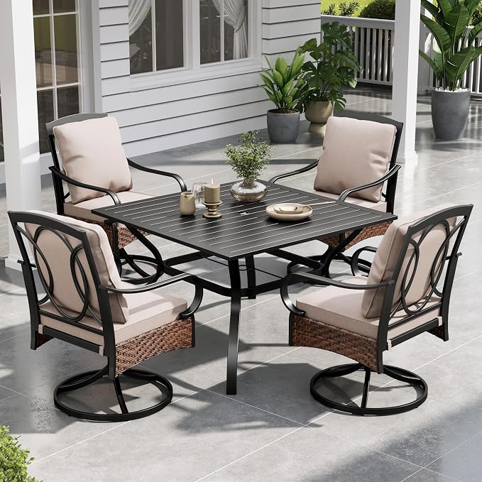Sophia & William Patio Dining Set 5 Piece Outdoor Table Furniture Set - 4 Padded Swivel Dining Chairs and 1 Square Metal Table with Umbrella Hole for Garden Deck Backyard