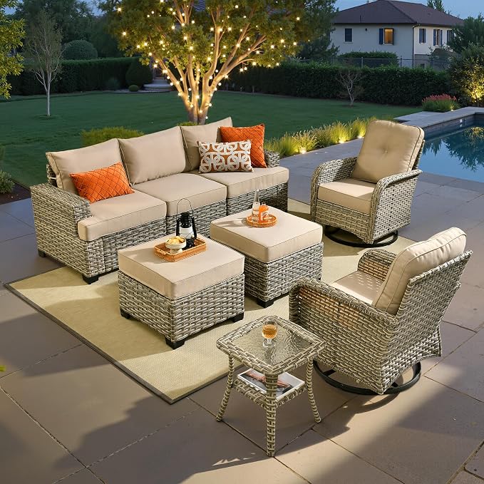 ovios 8 Piece Patio Sectional Furniture with Swivel Rocking Chairs, Rattan Wicker Coversation Couch Set, Outdoor Sofa Set for Outside Porch Balcony Backyard Pool, Beige