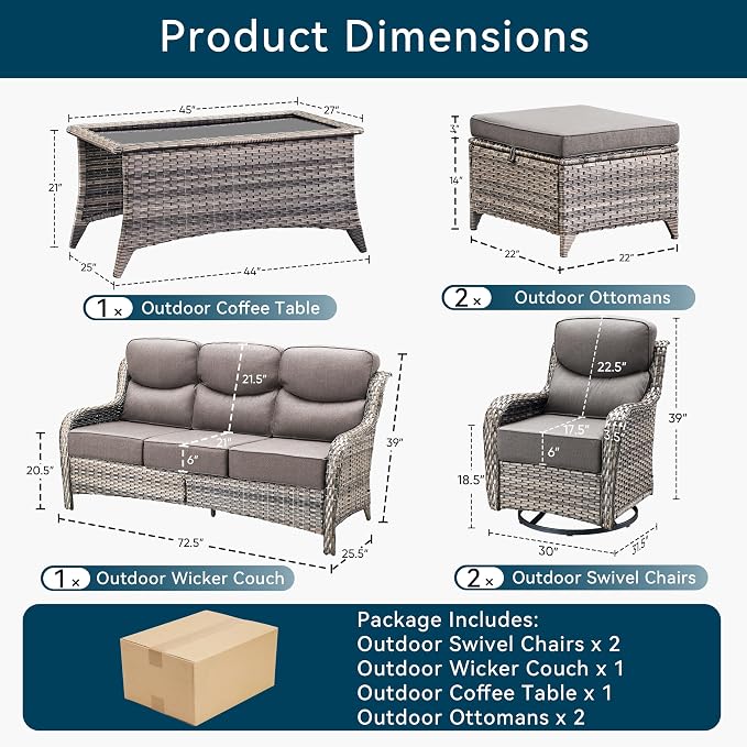Luxury 6 Pieces Outdoor Patio Furniture Set-All Weather Wicker Outdoor Furniture with Swivel Rocker Patio Chairs 6-inch Extra Thick Cushions Wicker Conversation Set for Garden Porch(Grey/Grey)