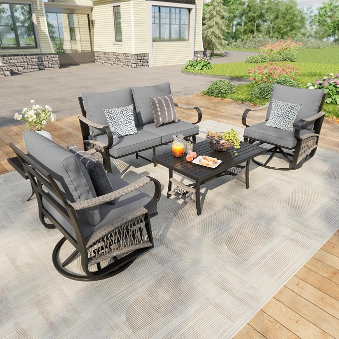 5 Pieces Patio Furniture Set, Metal Outdoor Conversation Sets with Swivel Chairs, Modern Couch Sofa Seating Group with Coffee Table and Side Table (Thick Gray Cushions)