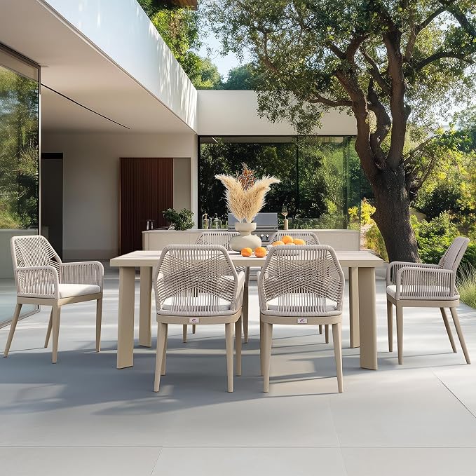 PURPLE LEAF 7 Pieces Patio Dining Set Aluminum Modern Rectangular Table and Rattan Arm Chairs with Cushions for Kitchen Porch Garden Outdoor Furniture Sets, Champagne