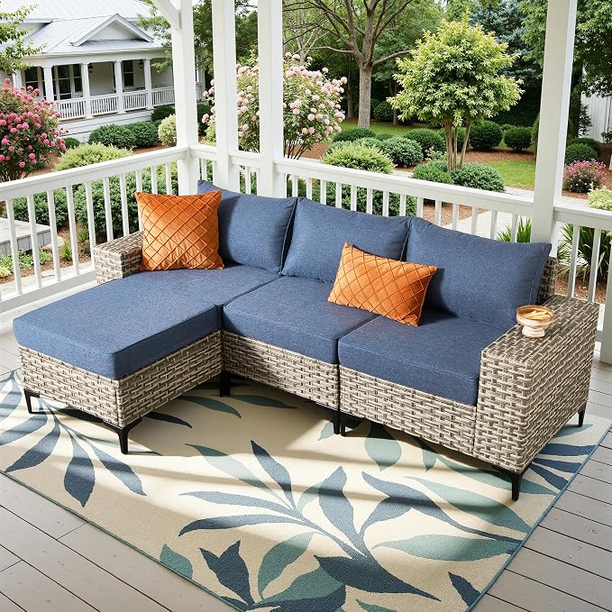 Patio Furniture Set, 4 Pieces Outdoor Wicker Conversation Sets with Coffee Table Outdoor Sectional Sofa for Balcony Backyard Poolside Garden Lawn (Blue)