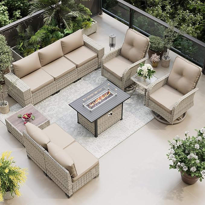 10-Piece Outdoor Patio Furniture Set with Swivel Rocking Chair, Outdoor Sectional Sofa with 55,000 BTU Fire Pit Table PE Wicker Rattan Patio Conversation Set with Coffee Table, Khaki