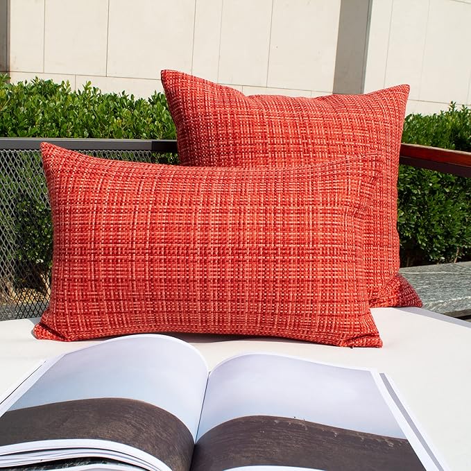 Kevin Textile Outdoor Waterproof 20x20 Inch Pillow Covers 2 Pack, Red | Water Resistant, Faux Linen Yarn-dyed, Woven Texture Throw Pillow Covers for Tent Patio Garden Couch Sofa