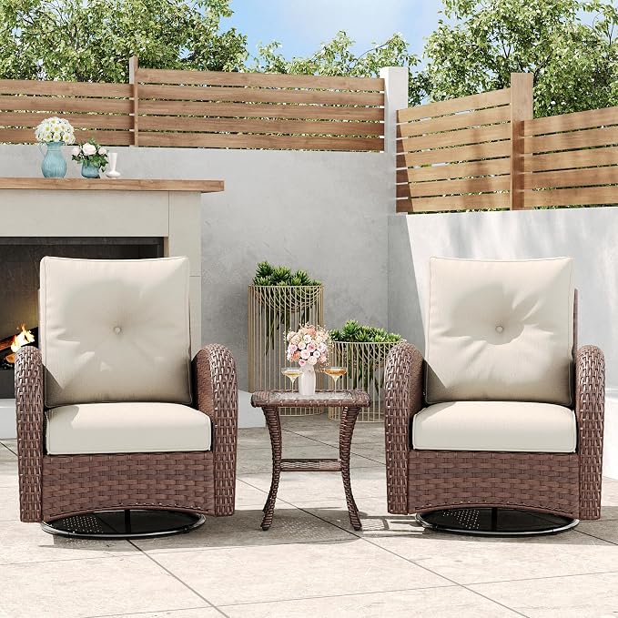 3 Pieces Outdoor Wicker Patio Swivel Rocking Chairs, All Weather Wicker Conversation Set with Side Table