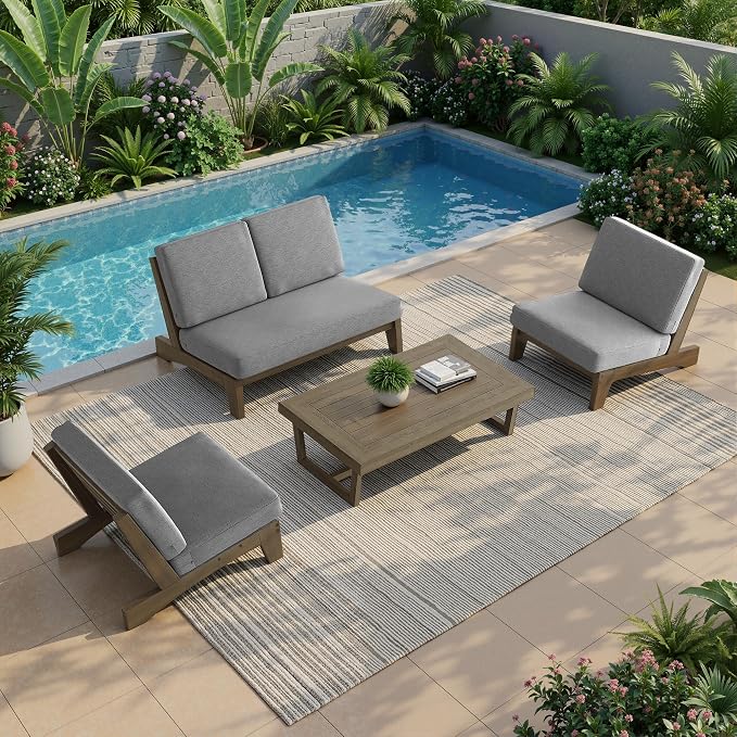 All Weather Patio Furniture Sets, 4 Pieces Teak Wood Outdoor Sectional Futniture Patio Sofa Chair Backyard Conversation Set with Solid Wooden Coffee Table - Light Gray