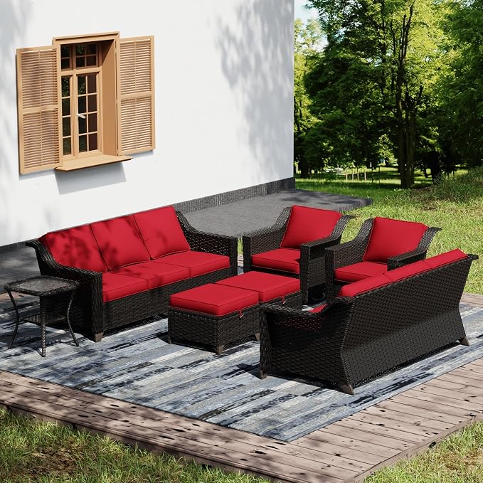 Joyside Wicker Patio Furniture Sets, 7 Pieces Upgraded Large Size Outdoor Furniture with Swivel Rocking Patio Chairs, Two 3-Seat Sofa, Outdoor Ottoman, Thick Cushions, Wide Armrest, Red