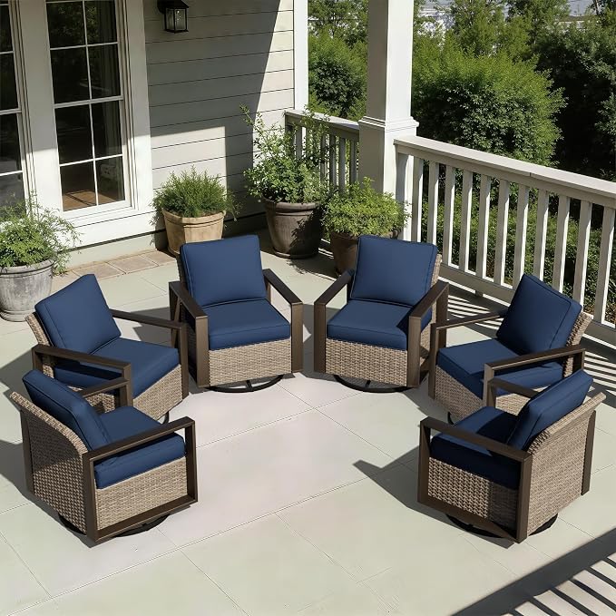 Joyside Outdoor Patio Swivel Rocker Chairs Set, 6 Pieces Wicker Rattan Chairs with Metal Wide Armrest, Thick Cushions and Deep Seating for Garden, Backyard, Porch, Deck