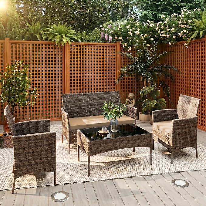 4 Pieces Outdoor Patio Furniture Set, Wicker Patio Conversation Set with Tea Table, All-Weather Outside Rattan Sectional Sofa for Backyard, Poolside, Garden, Balcony, Brown/Beige
