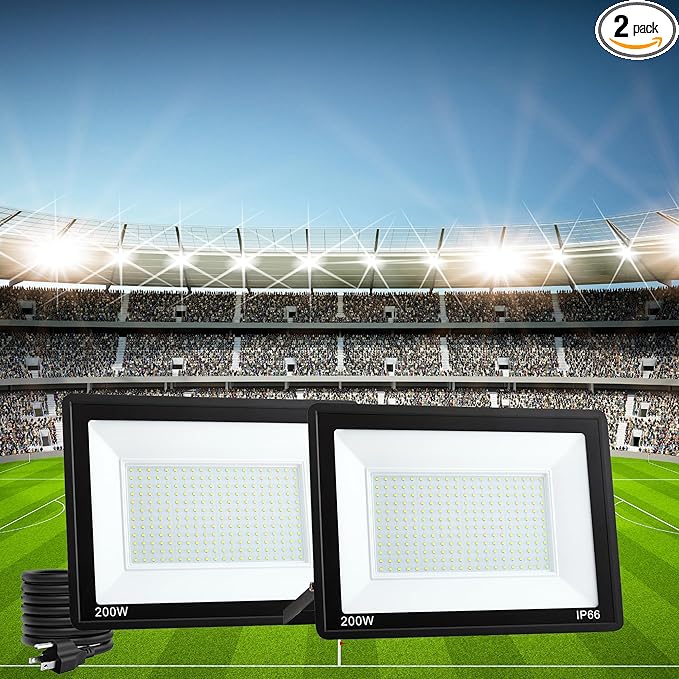 ADYENA 2 Pack 200W LED Flood Lights Outdoor Plug in, 25000 LM Super Bright Led Stadium Lights, Waterproof LED Work Light, IP66 6000K Daylight White Floodlights for Patio Yard Garden Playground