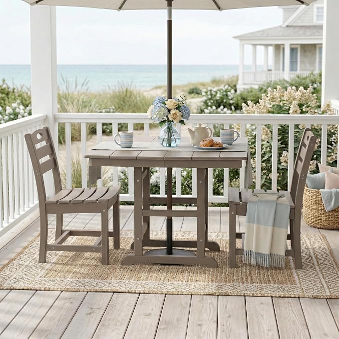KEIKI 3-Piece HDPE Patio Dining Set Bistro Table Chairs for Small Patio Apartment Casual All-Weather Gazebos Furniture Compact 2-Person Space Saving Easy Setup Rustic Outdoor Living Bistro Set Brown