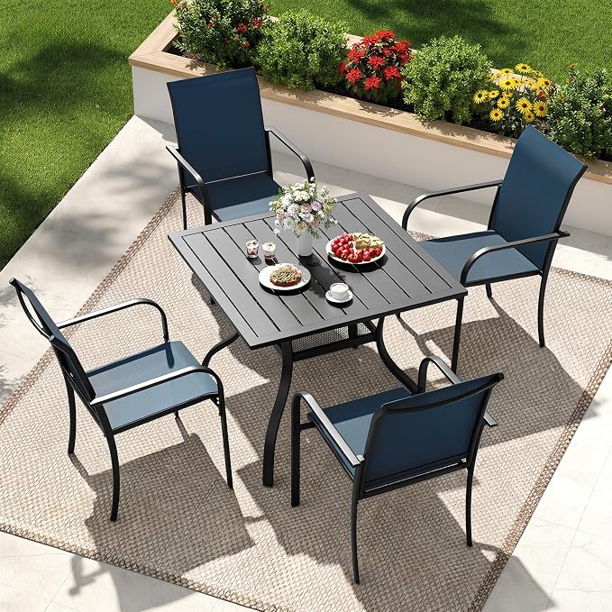 Incbruce 5 Pieces Patio Dining Set, Outdoor Dining Set of 4 Textilene Chairs and Square Table with Umbrella Hole for Backyard, Garden, and Poolside (Blue)