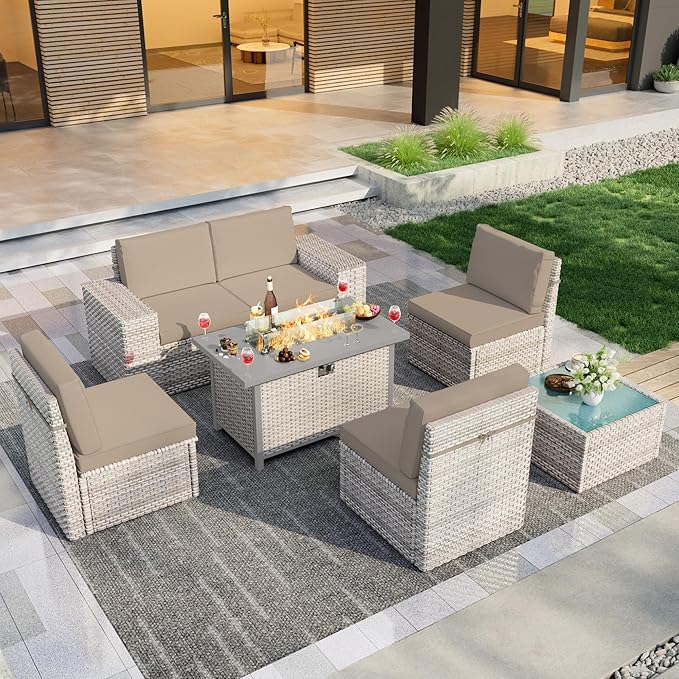 7 Pieces Patio Furniture Set, Outdoor Modular Sectional Couch Conversation Set with Wide Armrests, Wicker Seating Group Sofa with Coffee Table and Fire Pit for Backyard Deck (Khaki Cushions)