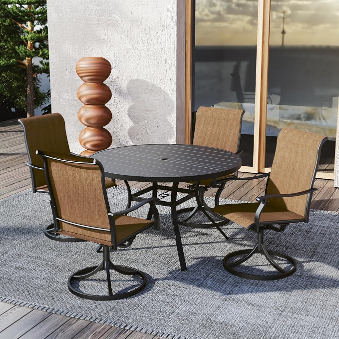 Outdoor Patio 48" Round Table and Brown Swivel Chairs Dining Set 5 Style1 | 4 Piece Swivel Chairs: High Back, Retro Armrest, Textilene Fabric, Rocking; 48 inch Metal Round Table, All Weather