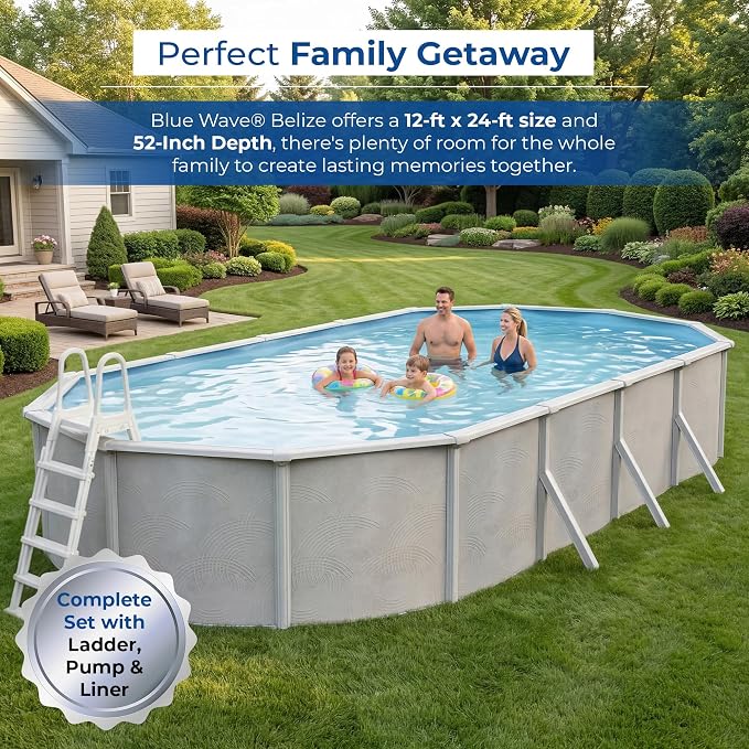 Blue Wave Belize 12x24-ft Oval 52-in Deep Hard Sided Steel Frame Above Ground Pool with 6-in Steel Top Seats, 0.5 HP Sand Filter System, Ladder, Skimmer & Liner – 6,300 Gallon Cap for Family Use