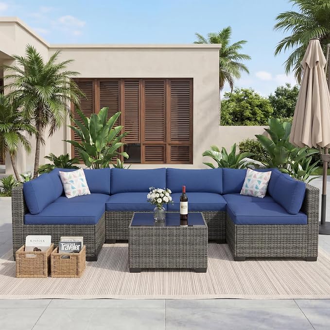 7-Piece All-Weather Outdoor Sectional Sofa Set, Waterproof Wicker Patio Furniture with Removable Cushions, Modern Conversation Set for Poolside, Garden, and Backyard, Grey Rattan with Blue Cushion