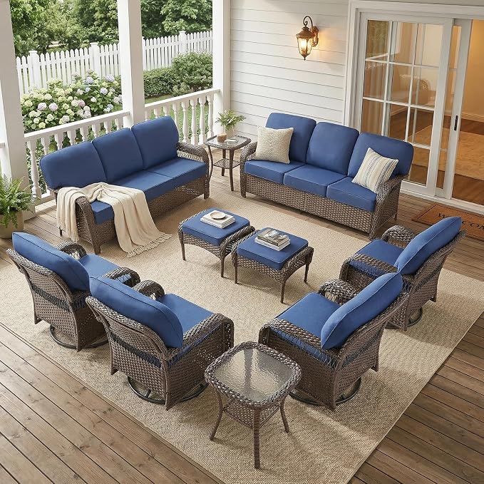 10 PCS Patio Furniture Set Outdoor Sectional Sofa Couch with Rocking Swivel Chairs 5" Deep Seat Chairs, Modern Wicker Rattan Conversation Set, Blue/Brown Wicker
