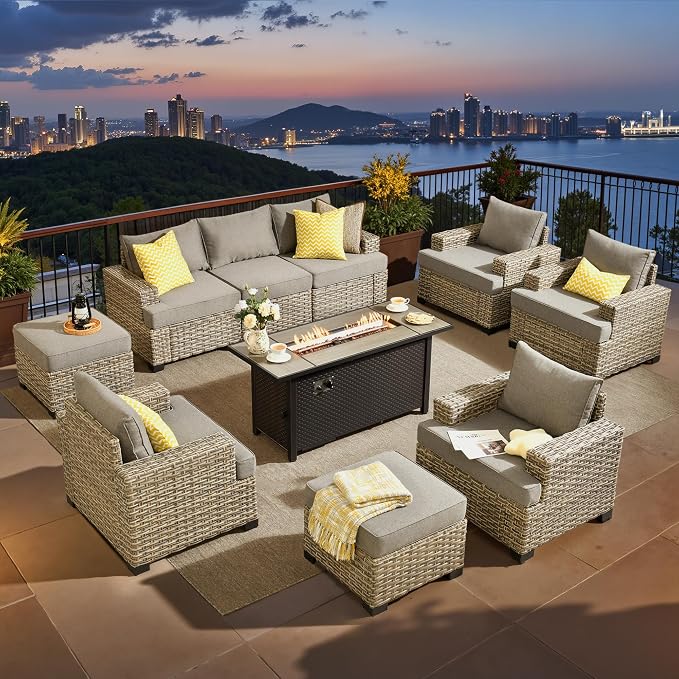 ovios 10 Piece Patio Sectional Furniture with 42in Fire Pit Table, Rattan Wicker Coversation Setwith Single Chairs, Outdoor Sofa Set for Outside Porch Balcony Backyard Pool, Dark Grey