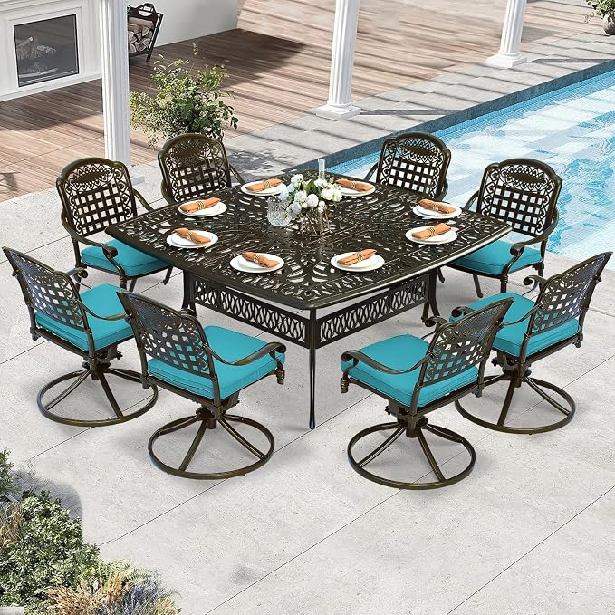 9 Piece Outdoor Patio Dining Set for 8, Cast Aluminium Large Square Dining Table & 4 Swivel Rocker Chairs, 4 Stationary, 8 Cushions, Umbrella Hole, Patio Furniture Set for Garden, Ocean Blue