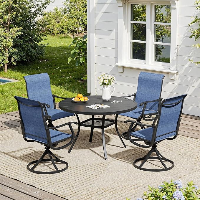 VICLLAX 5 Pieces Outdoor Dining Set, Patio Furniture Set of 4 Patio Swivel Dining Chairs and 41" Patio Round Table with Storage Shelf, Navy Blue Chairs & Black Tabletop