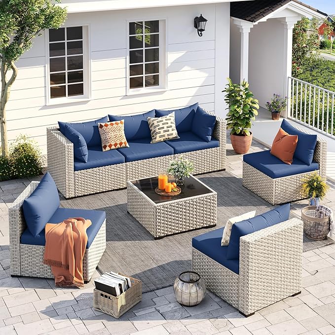 UDPATIO Outdoor Patio Furniture Set, 7 Pcs PE Wicker Sectional Sofa with Tea Table, Outdoor Conversation Set for Patio, Garden, Backyard (Blue Cushions with Light Grey Rattan)