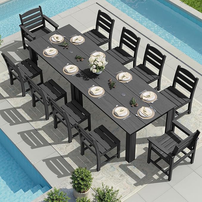 SERWALL Outdoor Dining Sets for 10, HDPE Dining Sets for 10 Person with 2 Rectangular Tables and 8 Armless Chairs and 2 Armchairs, Patio Dining Sets for Garden, Backyard, Poolside, Black