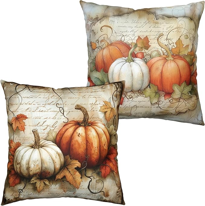 Fall Thanksgiving Outdoor Pillow Covers 18x18 Watercolor White Orange Pumpkin with Maple Leaves Decorative Pillow Case Set of 2 Autumn Vintage Cushion Case for Couch Patio Bench