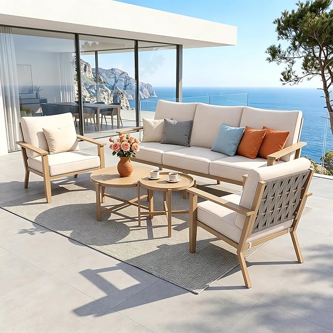 HERA'S HOUSE Patio Furniture Set 5-Piece, All-Weather Metal Outdoor Conversation Set with Wood Grain Finish, 2 x Leg Chair, 1 x 3-Seat Sofa, 2 x Multi-Functional Coffee Table for Garden Deck Backyard