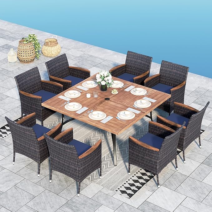Sophia & William 9 Pieces Square Patio Dining Set for 8 People, All Weather Outdoor Dining Set with Metal Patio Table and Rattan Chairs, 8 People Large Patio Table Set, Teak Color Tabletop