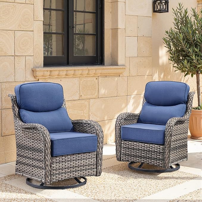 Swivel Patio Chairs sofa Set of 2 with 6" Thick Cushion - Wicker Outdoor Swivel Rocker Patio Chair ,Sofa/Glass coffee table, High Back Comfortable Outdoor Glider Chairs - Grey Wicker | Blue Cushions