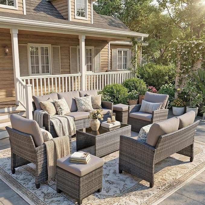 7 Pcs Patio Set, Outdoor Wicker Sofa/Ottomans & Table Gray/Gray | Weather Resistant PE rattan | All-Weather Durability | Removable Easy Clean | 350 lbs | Ideal for Backyard, Poolside, Balcony