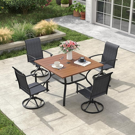 VICLLAX Outdoor Table and Chairs Set for 4, Patio Dining Set of 37.8" Metal Square Patio Table with Umbrella Hole & 4 Swivel Outdoor Dining Chairs for Backyard Lawn, Charcoal & Walnut