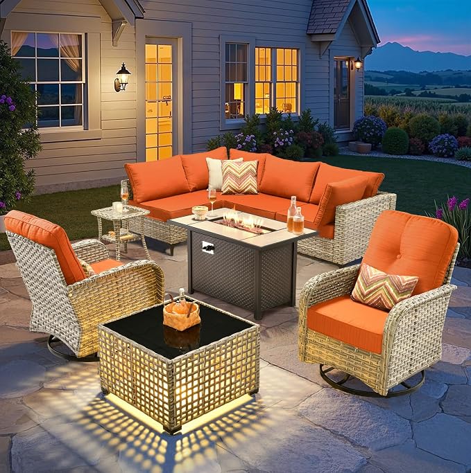 CAODOC 9-Piece Outdoor Sectional Sofa Set w/ 42" Fire Pit – L-Shaped Wicker Patio Furniture, Deep Seating & Swivel Rockers,Red-Striped