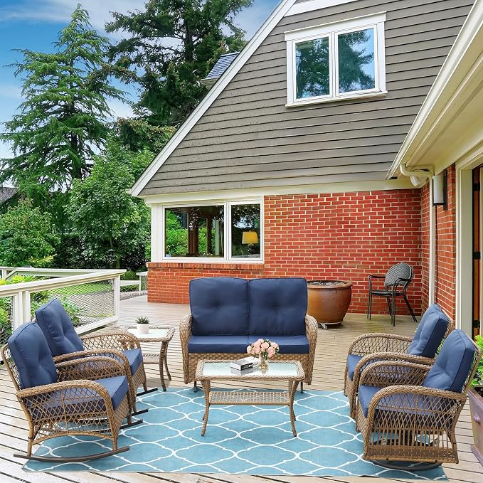 7-Piece Wicker Patio Furniture Sets Outdoor All-Weather Rattan Conversation Set Includes Glider Loveseat, 2 Glass-Top Coffee Tables, 2 Swivel-Rocker Chairs for Porch Backyard, Navy Blue