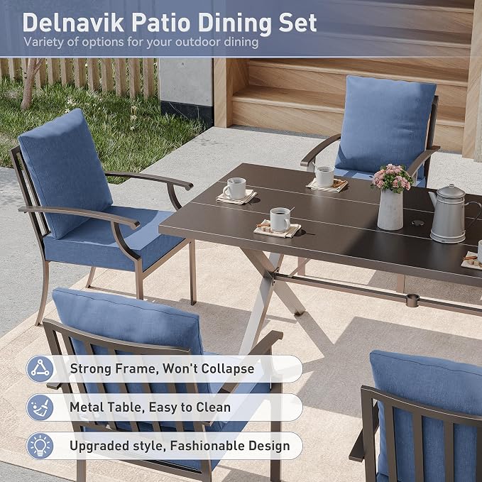 Kurapika 7 Piece Patio Dining Set Outdoor Furniture, Metal Patio Furniture Set 6 Fixed Chairs and Large Table with Umbrella Cutout for Deck Garden Yard Porch, Navy Blue