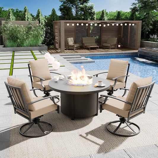 Kullavik 5 Piece Metal Outdoor Patio Furniture Set with Fire Pit Table,Outdoor Dining Table Set with 4 Swivel Chairs and 55000 BTU Outdoor Round Fire Pit,Sand