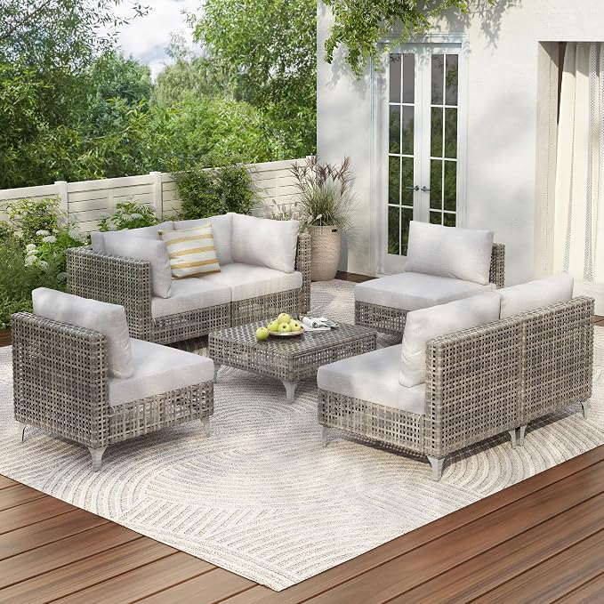 VilroCaz 7-Piece Outdoor Patio Furniture Set, Wicker Sectional Sofa wThick Seat Cushions, All-Weather Conversation Sofa Sets with Coffee Table for Outdoor Couch, Porch, Backyard (Grey-7C)