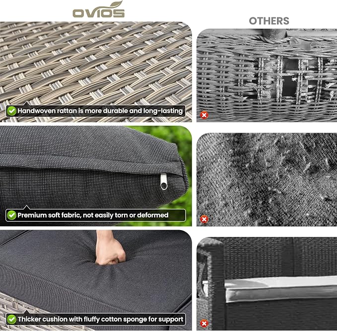 ovios 8-Piece Patio Furniture Set with L-Shape Sofa Chaise, Outdoor Sectional Couch Swivel Gliders Solar Table, Modern Modular Wicker Rattan Conversation Set, Black