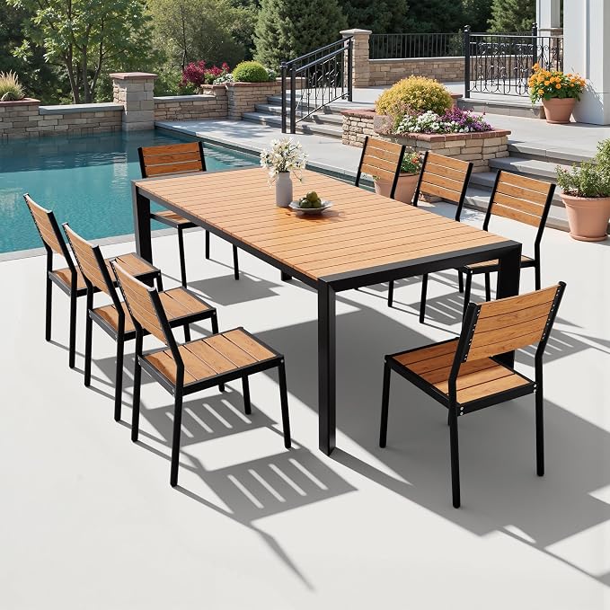 Crestlive Products Stackable Outdoor Dining Chairs Set of 2, All Weather Armless Patio Chairs with Aluminum Frame Woodgrain Seat and Back for Lawn Garden Backyard Deck Porch Yard, Brown