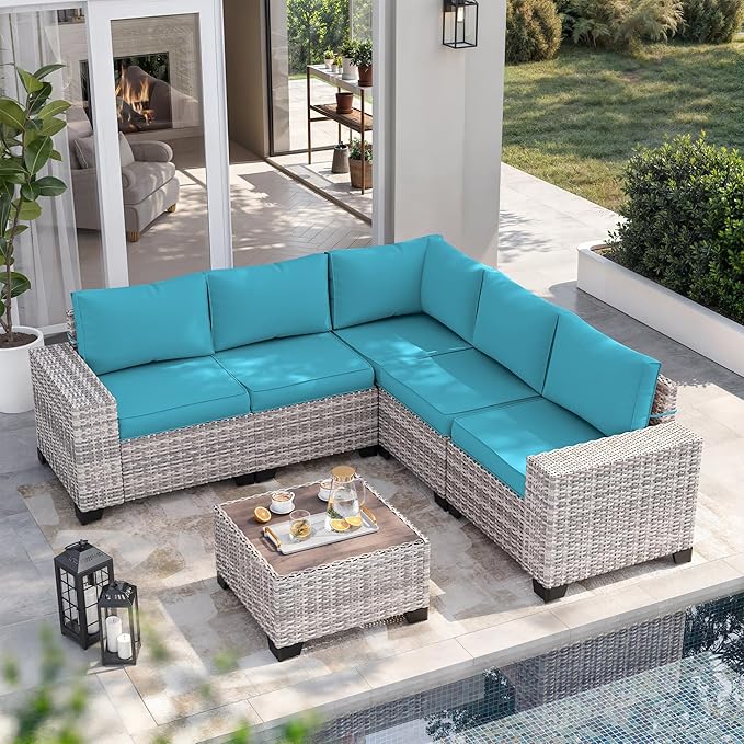 6-Piece Outdoor Patio Furniture Set Wicker Rattan Sectional Sofa Set, Patio Conversation Set with Thickened Cushions & Chunky Arms Coffee Table for Backyard, Turquoise